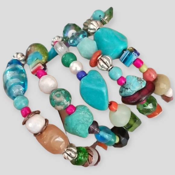 NWT Hand Crafted Semi Precious  Stone Glass Vintage Bead Wrap Bracelet - Picture 2 of 16